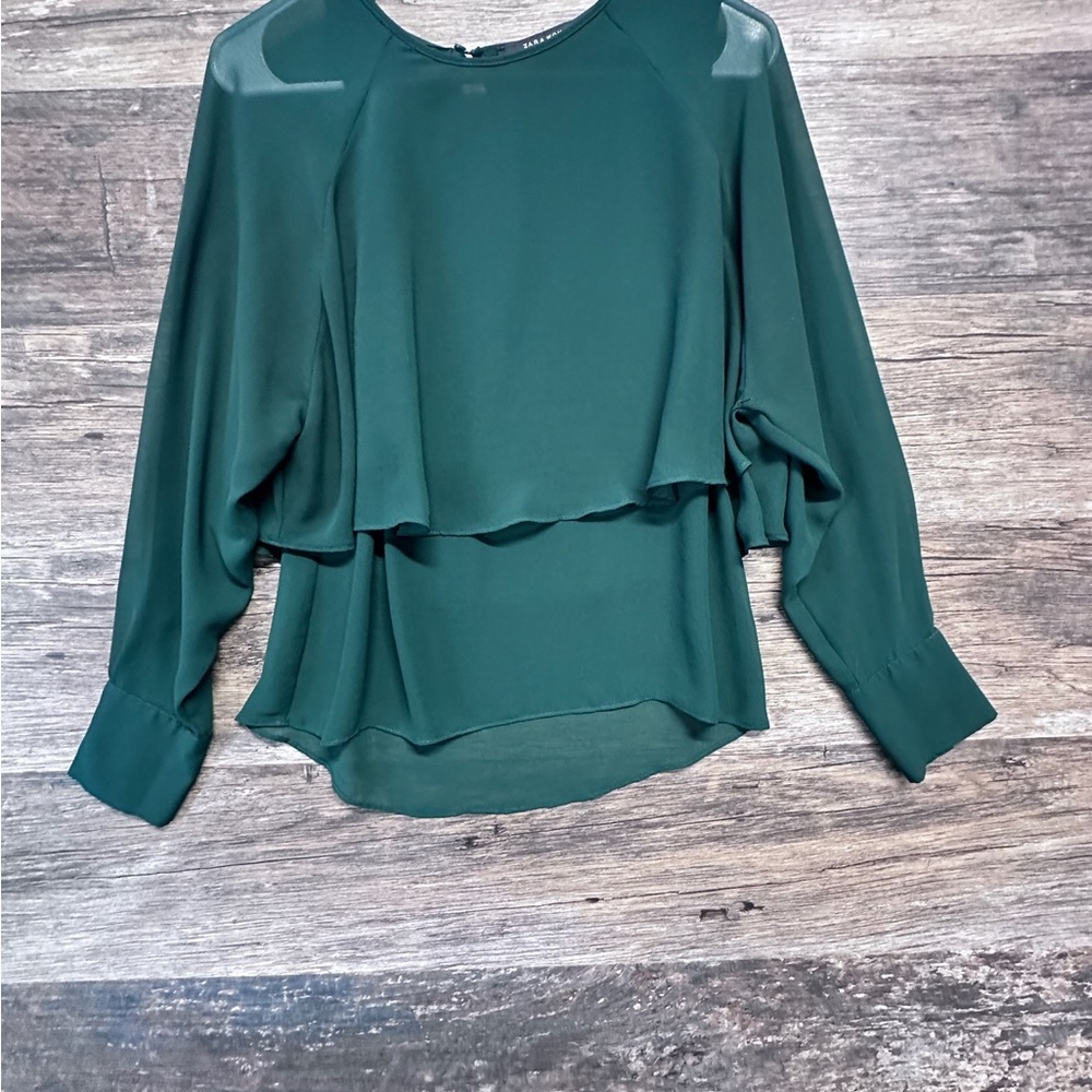 Zara Green Blouse with Asymmetrical Boxy Style and Long Sleeves